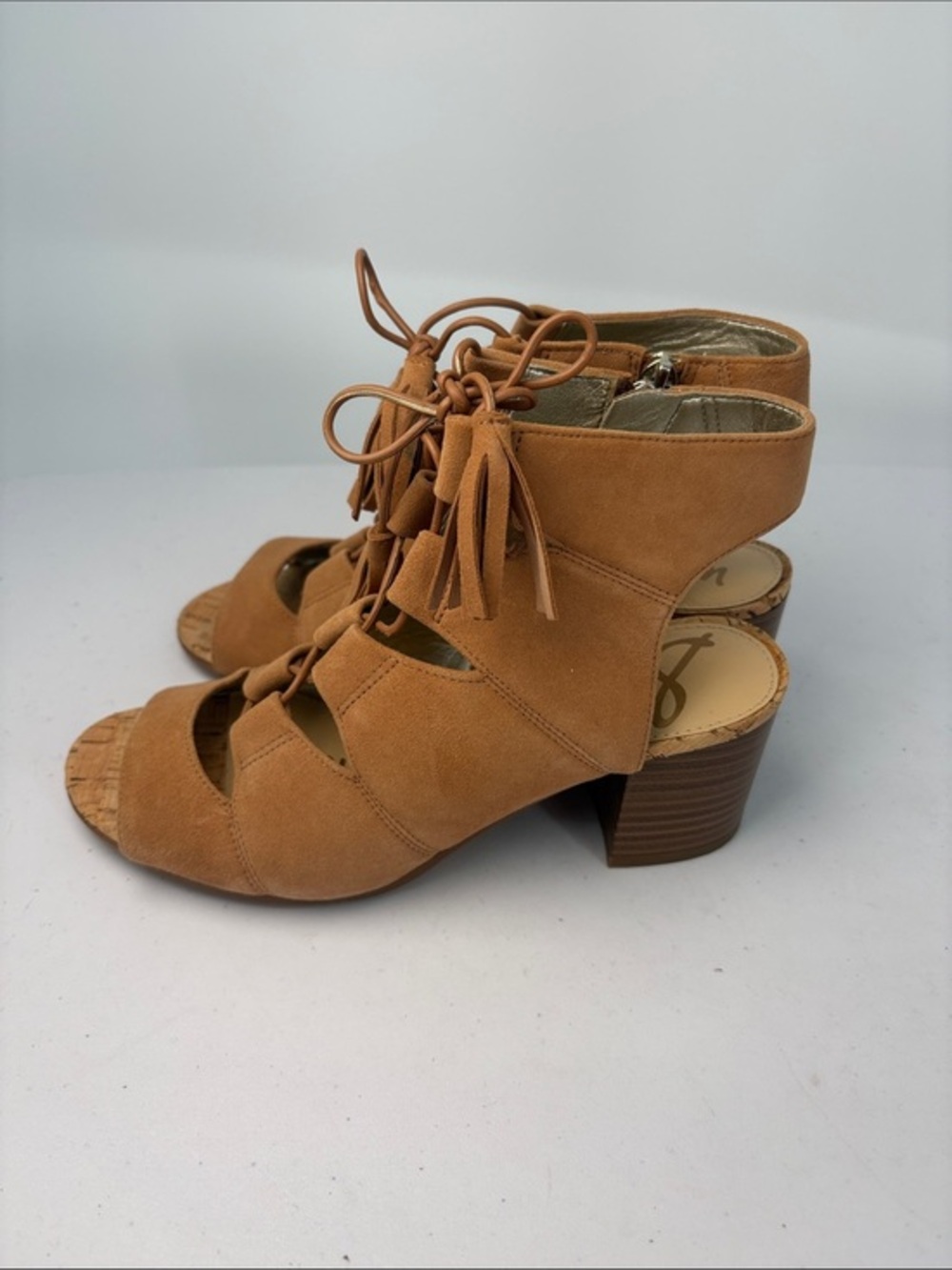 🐺 Sam Edelman Sarabeth Tan Suede Tassel Lace-Up Heeled Sandals